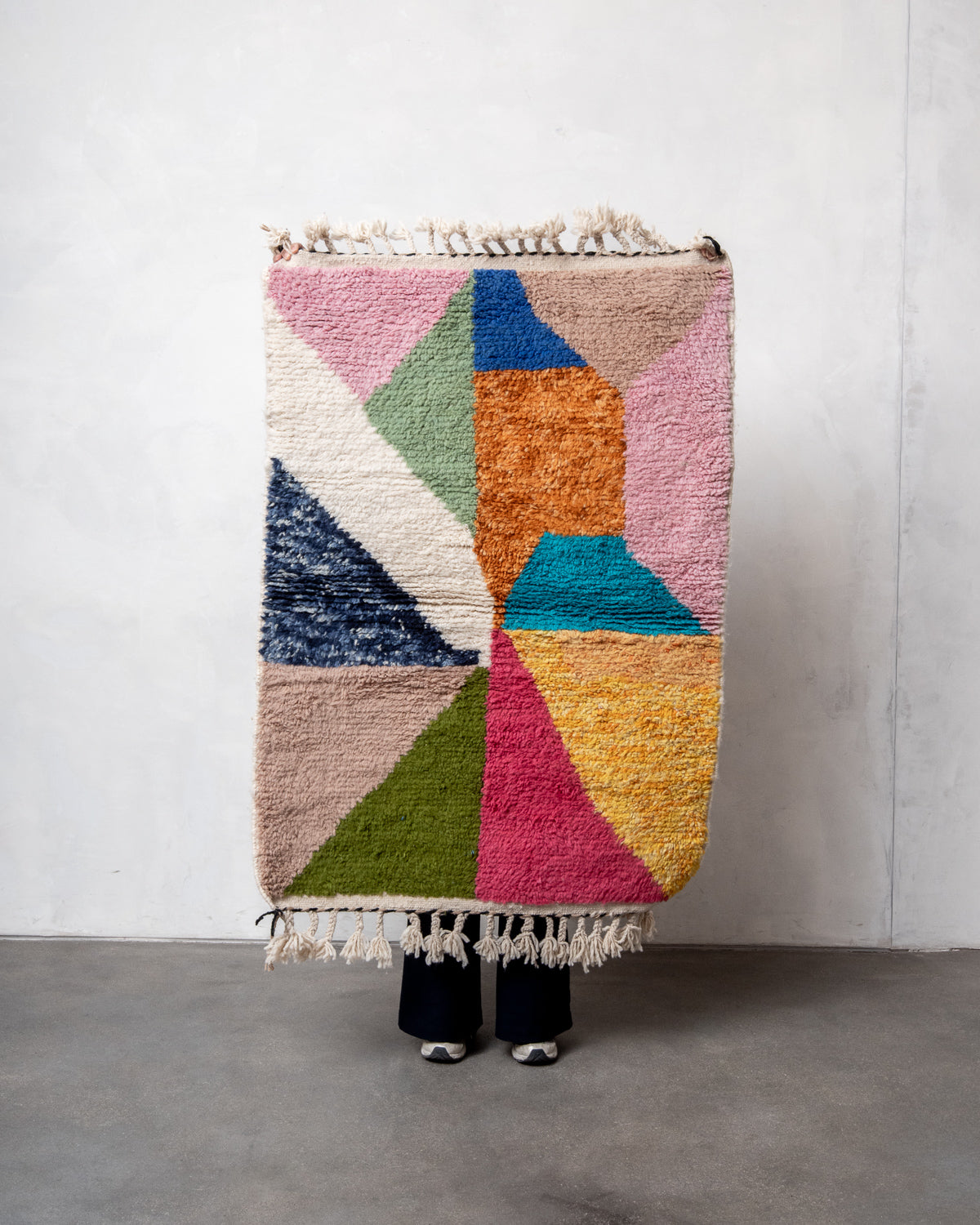 Modern, designer, handcrafted Berber rug from Morocco. Beniourain carpet with beautiful colours and patterns and fluffy wool texture.